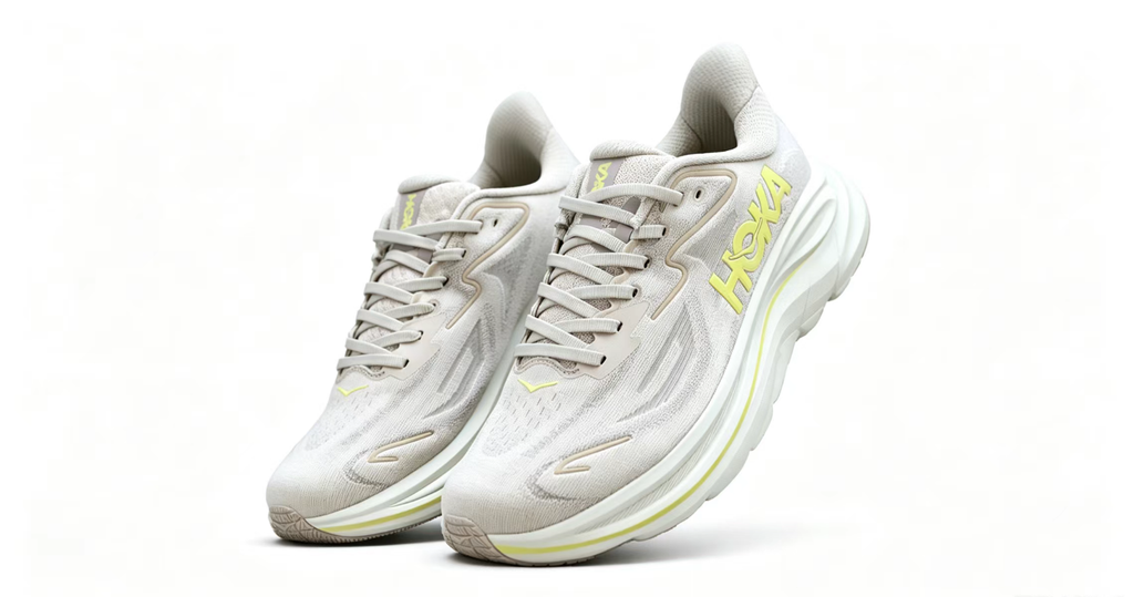 HOKA ONE ONE Clifton 10 – Light Grey & Lemon Lightweight Running Sneaker
