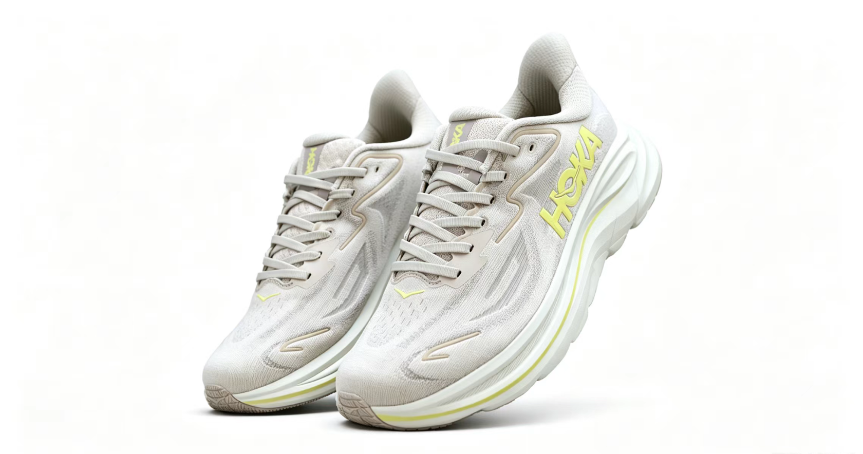 HOKA ONE ONE Clifton 10 – Light Grey & Lemon Lightweight Running Sneaker