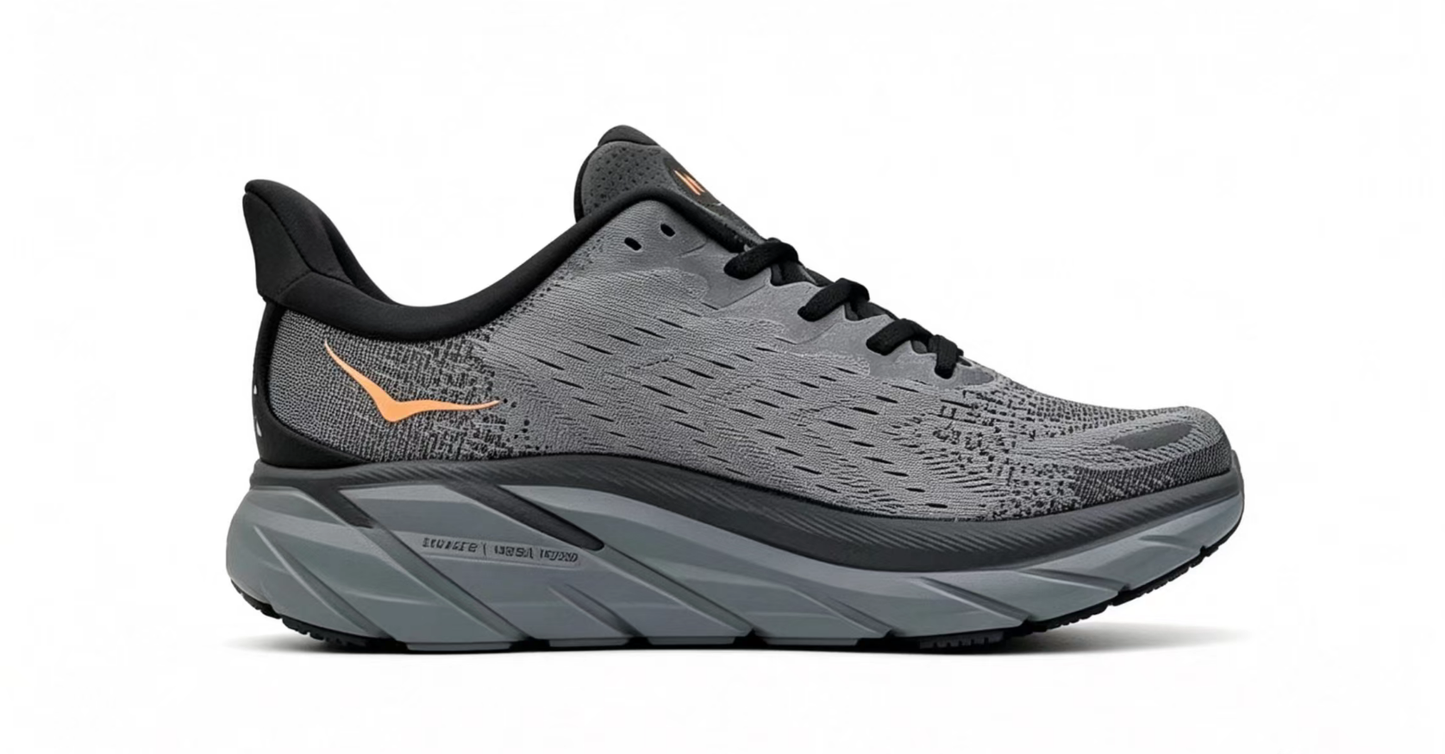 HOKA ONE ONE Clifton 8 – Black/Grey Running Shoes with Orange Accent