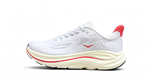 HOKA ONE ONE Clifton 10 – White Running Shoes with Red Heel and Midsole Accent