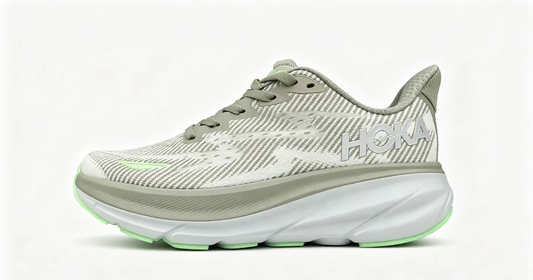 HOKA ONE ONE Clifton 9 – Gray/Light Gray/Neon Green | Lightweight Cushioned Running Shoes