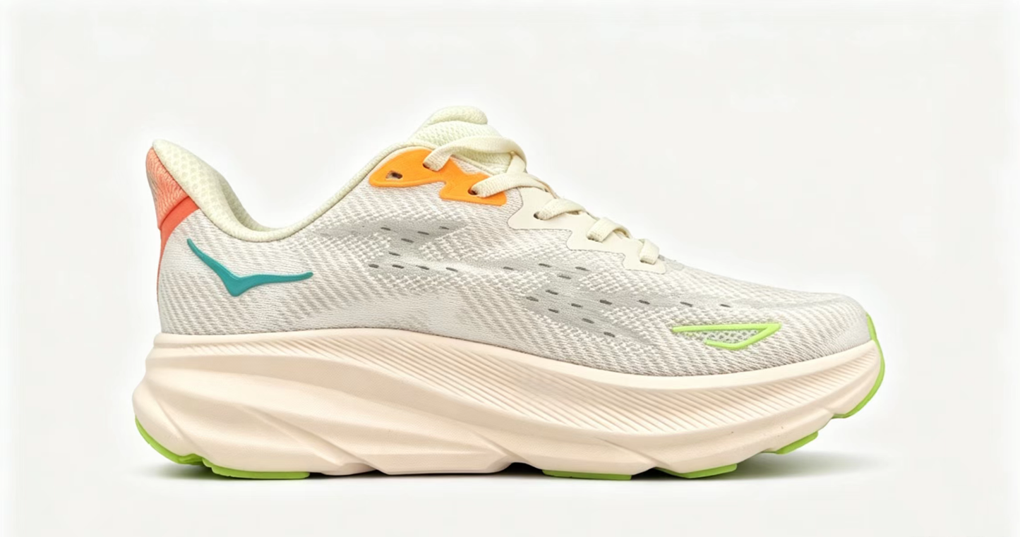 HOKA ONE ONE Clifton 9 – Beige & Green Running Shoes