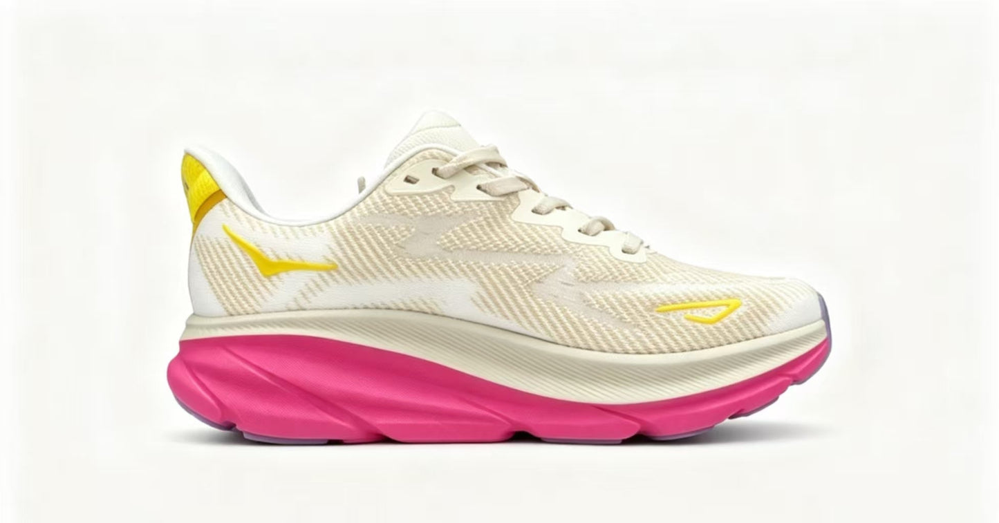 HOKA ONE ONE Clifton 9 White Yellow Pink Premium Running Shoes