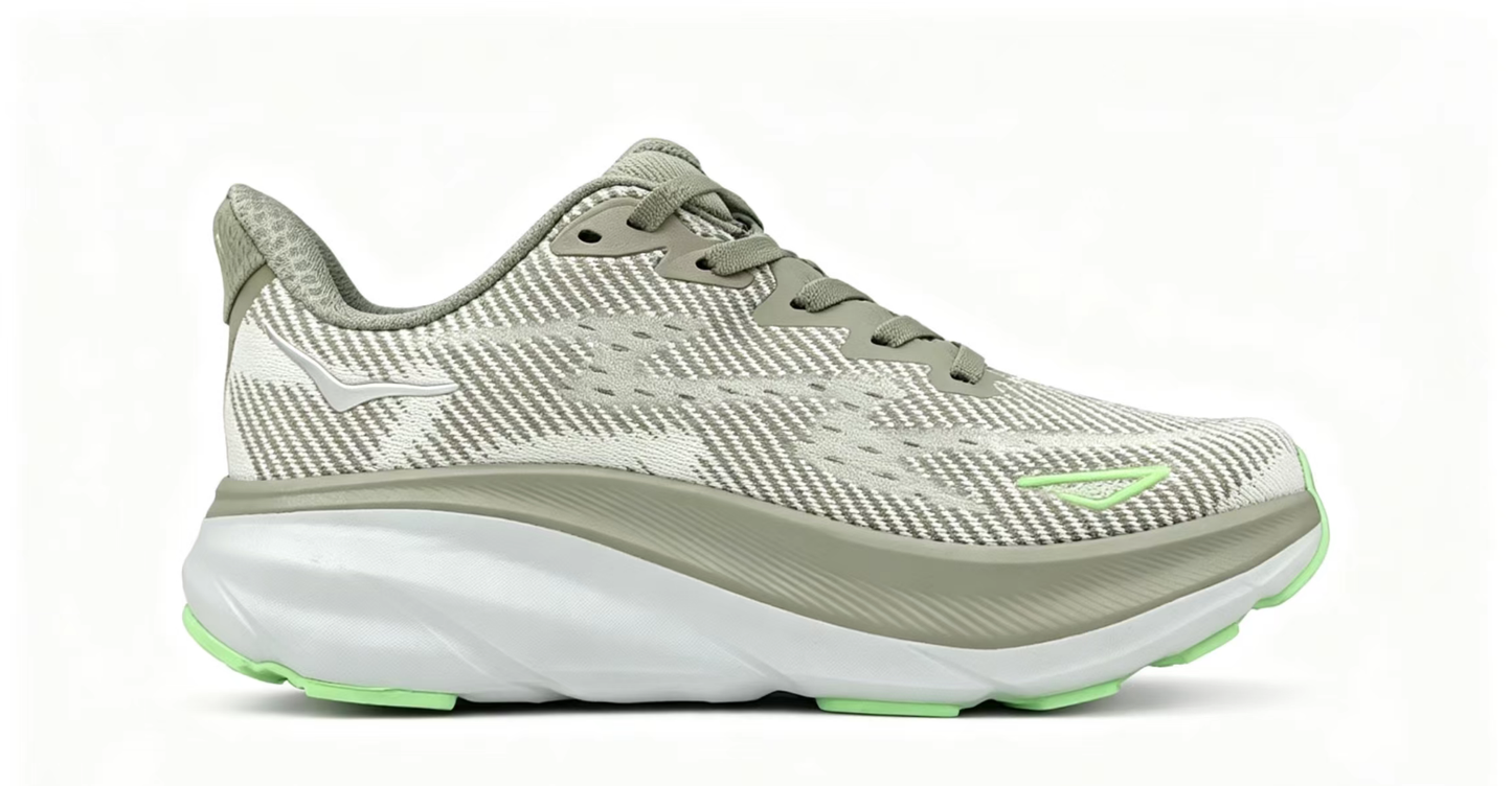 HOKA ONE ONE Clifton 9 – Gray/Light Gray/Neon Green | Lightweight Cushioned Running Shoes