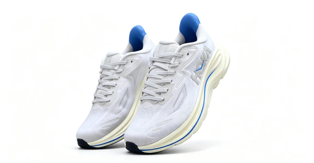 HOKA ONE ONE Clifton 10 – White Running Shoes with Blue Heel and Midsole Accent