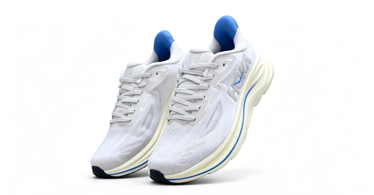 HOKA ONE ONE Clifton 10 – White Running Shoes with Blue Heel and Midsole Accent