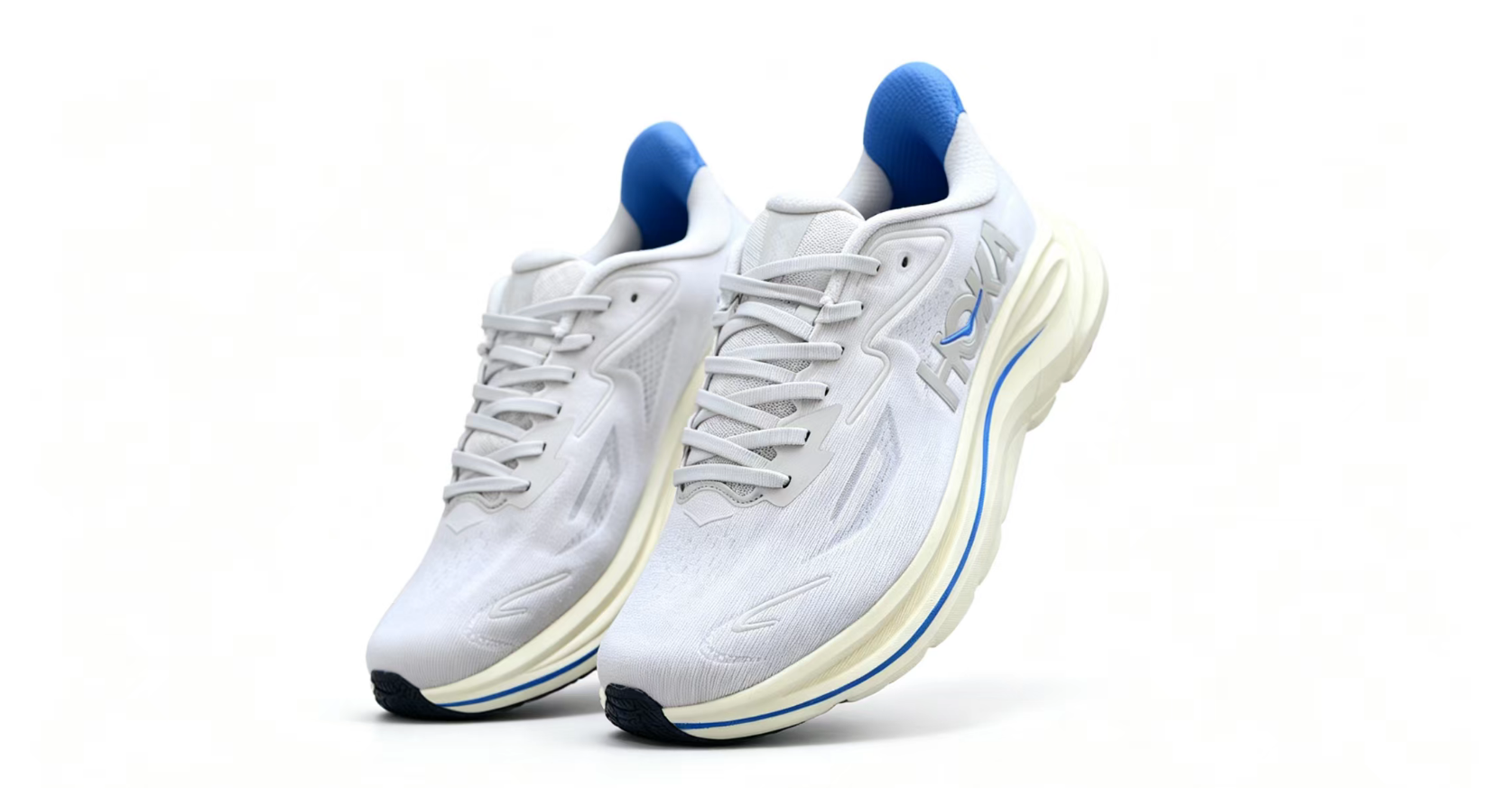 HOKA ONE ONE Clifton 10 – White Running Shoes with Blue Heel and Midsole Accent