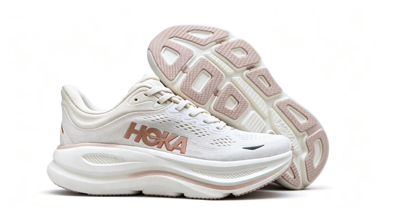 HOKA ONE ONE Bondi 9 – White Rose Gold Cushioned Running Shoes