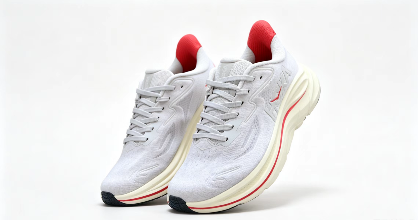 HOKA ONE ONE Clifton 10 – White Running Shoes with Red Heel and Midsole Accent